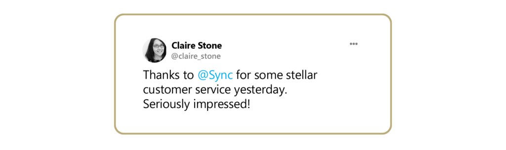 A tweet praising Sync's customer service.