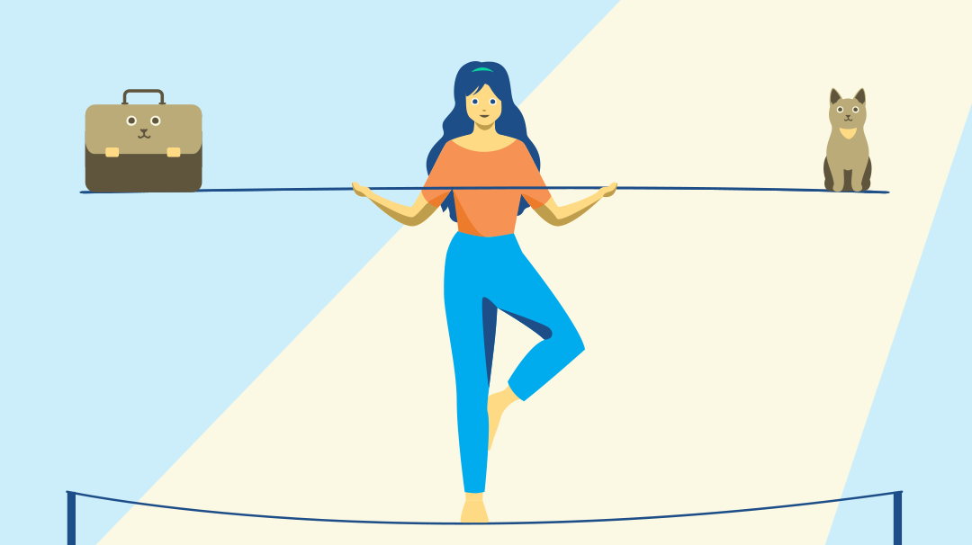 Woman on a tightrope balancing work and life.